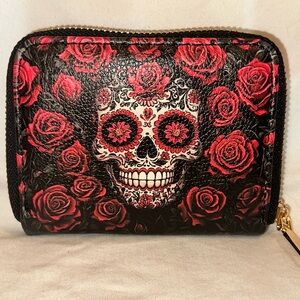 Sugar Skull Rose Zip Wallet - Black and Red